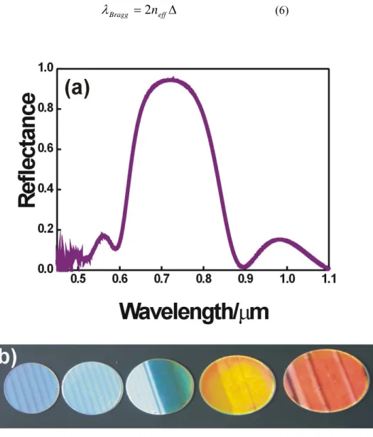 Figure 4. (a) Specular reflectance spectrum showing a peak corresponding to the first order of the  Bragg diffraction typical of a 1DPC made of 6 unit cells
