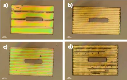 Figure 7: a) 1 layer of SU-8 printed at 30ºC; b) 2 layers of SU-8 printed at 30ºC; c) 1 layer of SU-8 printed  at 50ºC; and d) 2 Layers of SU-8 printed at 50ºC