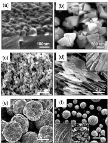 Fig. 1.35. Imagini SEM ale unor nanostructuri de CuI: nanobaghete ob ţinute prin procesul  GLAD (a), nanocristale obținute prin depunere fotoelectrochimică (b), nanocristale precipitate  din soluții etanolice (c), nanofoi preparate din soluție cu PEG (d), 