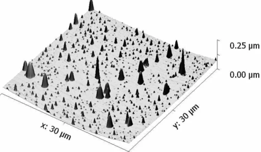 Figura II-14 – Imagem topográfica, obtida por AFM em modo vibracional, com uma escala de 30 x 30 