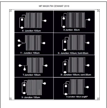 Figure 7- Negative mask used for SU-8 mould production. X-Junction 100 µm, X- junction with all the channels 100 µm  wide; X-Junction 50um, X- junction with all channels 50 µm wide; Y-Juntion 100 µm, Y junction with all channels 100 µm  wide; X-Junction 10