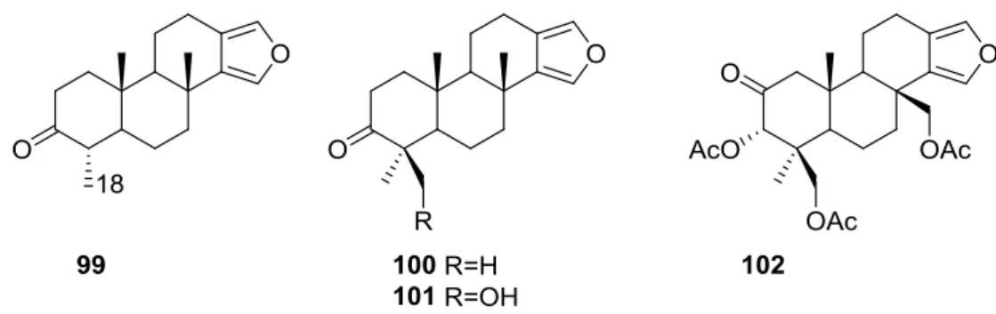 Figure 23. Structures of 19-norspongia-13(16),14-dien-3-one 99, and compounds 100–102.