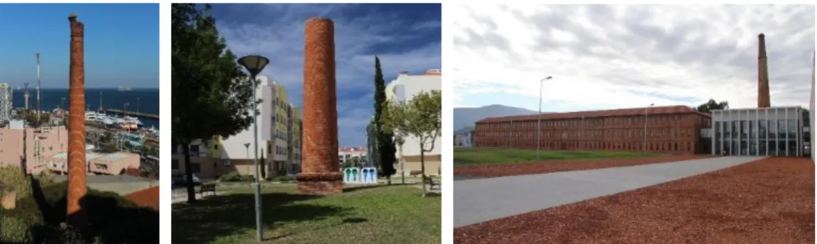 Figure 1: An abandoned chimney in Cacilhas (left). A preserved chimney in the middle of  a square in Montijo (center) and the rehabilitated old Arganil ceramics factory (right) 