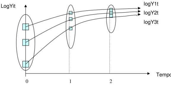 Figura 1 – Redução da variância da renda per capita em direção ao mesmo stead state. 