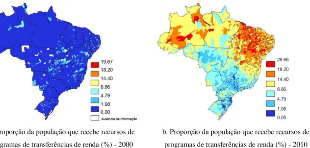 Figura 5 - Mapas da proporção da população que recebe recursos de programas de transferências de  renda por município brasileiro em 2000 e 2010 