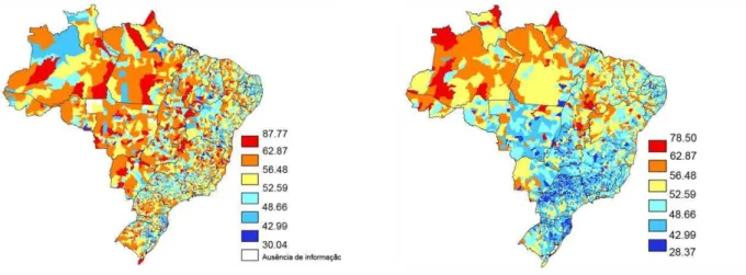 Figura 7 - Mapas do índice de Gini por município brasileiro em 2000 e 2010 