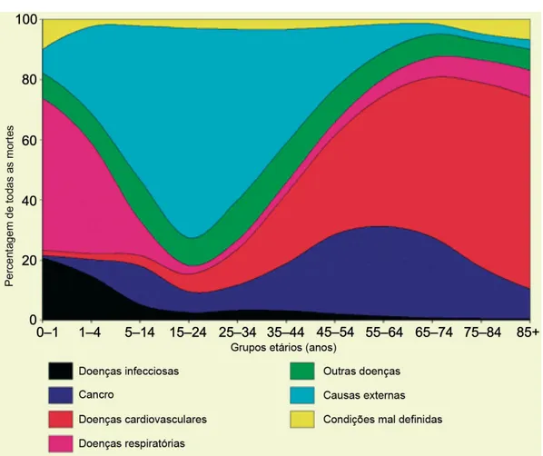 Figura 2: Percentagem das causas de morte por grupo etário na população Europeia.  