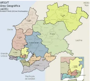 Figura 9. Mapa do Território da ARSLVT, em destaque a Grande Lisboa  Fonte: Retrato da Saúde em Lisboa