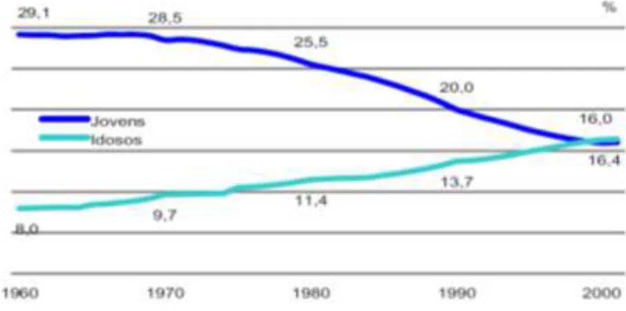 Gráfico 2 - Evolução da Proporção da população jovem e idosa, Portugal 1960-2001 (INE, 2002) 