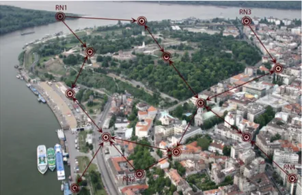 Figure 2. An example sensor network used in smart-city applications with multiple (four) reference nodes