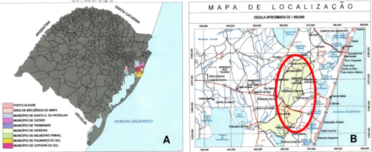 Figura 1. Mapa de localização da área de estudo. (A) localização no estado do Rio Grande do Sul; 