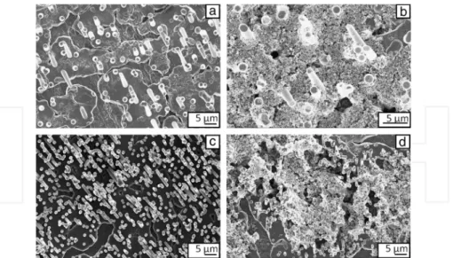 Figure  4. SEM  micrographs  of  aluminium  rods  obtained  by  pulsed  galvanostatic  deposition  using  a  PC  membrane with (a) 2 μm-pore size and (c) 1 μm-pore size with electrophoretically deposited P25 particles attached to the respec‐