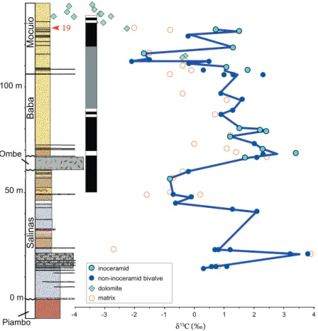Fig. 7. d 13 C values for shells and matrix plotted against stratigraphic and magnetostratigraphic position