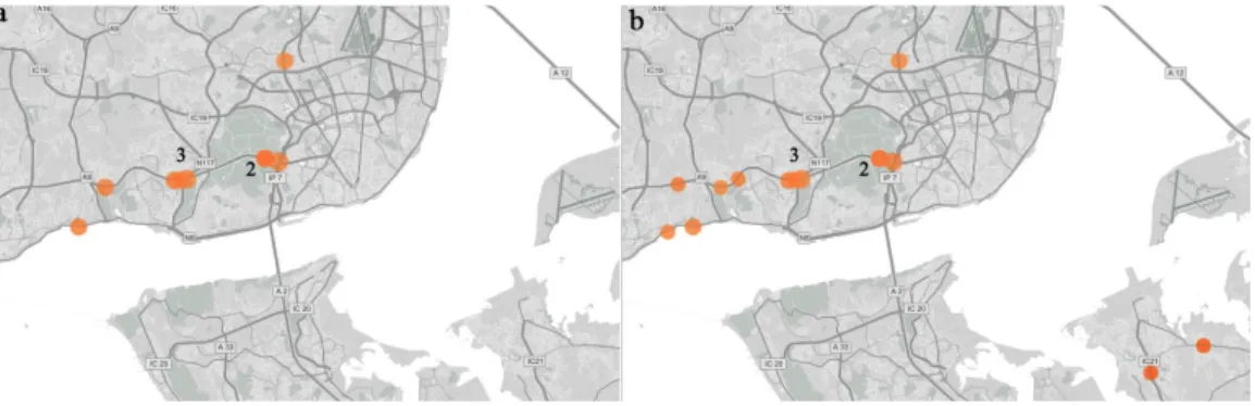 Fig. 1. Black spots and Gray spots detected using different parameterizations; (a) Parameterization A; (b) Parameterization D