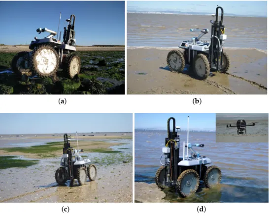 Figure 1. The robotic team in the field trials. The ground vehicle is retrofitted with the drilling tool, which is recharged by a six-DOF arm