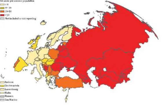 Figura 2 - Taxa de notificação da Tuberculose na Europa por 100 000 habitantes, 2007. 