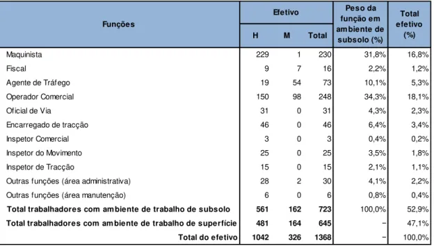 Tabela 6 - Listagem de funções com ambiente de trabalho no subsolo  Fonte: ML, Direção Recursos Humanos, 2016 