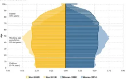 Figura 9  –  Pirâmides populacionais, União Europeia – 28, 2014 e 2080 (4) 