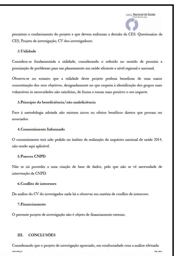 Fig.  A2.  Parecer  da  Comissão  de  Ética  para  a  Saúde,  INSA,  página  2.  