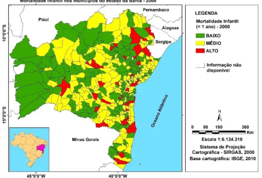 Figura 4-  Representação espacial da taxa de mortalidade infantil, segundo classificação  da OMS  –  Bahia, 2000