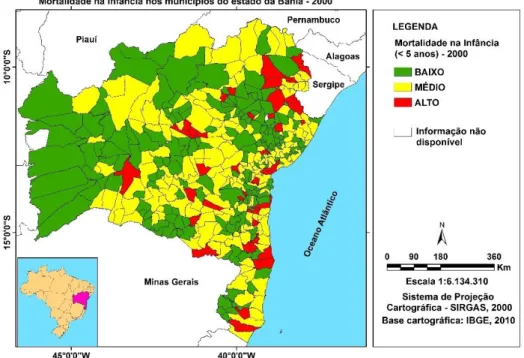 Figura  6  -  Representação  espacial  da  taxa  de  mortalidade  na  infância,  segundo  classificação da OMS  –  Bahia, 2000