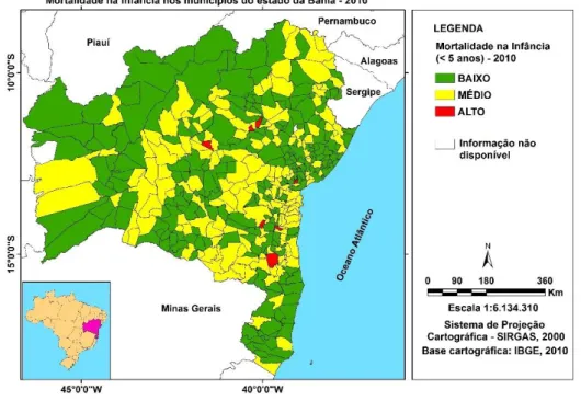 Figura  7-  Representação  espacial  da  taxa  de  mortalidade  na  infância,  segundo  classificação da OMS  –  Bahia,2010