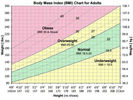 Figura 6: Gráfico do Índice de massa corporal para os adultos (18 ou + anos), em  quilogramas (kg) por metro quadrado (m 2 )