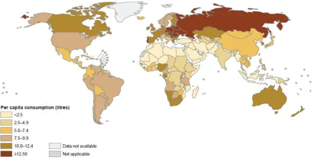 Figura 1: Consumo per capita em litros de álcool puro, no ano de 2010, para adultos com 15 ou mais  anos