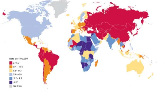 Figura 5 - Distribuição mundial das taxas de incidência do cancro do estômago estandardizadas pela  idade nos homens, 2008 