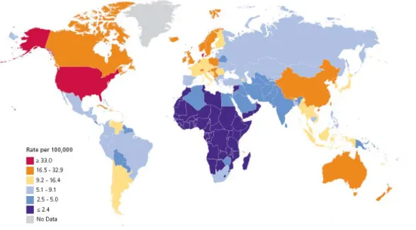 Figura 8 - Distribuição mundial das taxas de incidência do cancro do pulmão estandardizadas pela idade  nas mulheres, 2008 