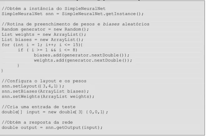 Tabela 4.3 - Exemplo de código para o uso do SimpleNeuralNet  //Obtém a instância do SimpleNeuralNet 