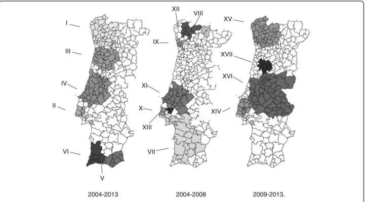 Fig. 2 Spatial variation in temporal trends of ADE incidence rate in three periods
