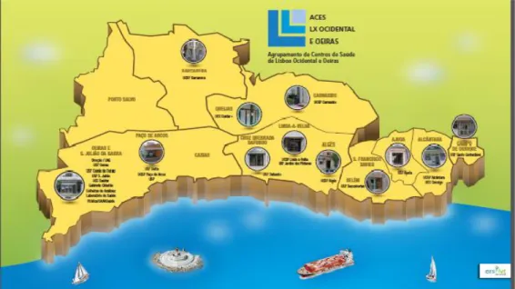 Figura 4 -  Mapa de Freguesias do ACES Lisboa Ocidental e Oeiras           Fonte: Unidade de Saúde Pùblica do ACES Lisboa Ocidental e Oeiras; 2015
