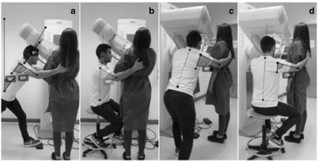 Fig. 3 CC breast positioning: a and c radiographer postures without intervention; b and d alternative postures when the radiographer smaller than the patient