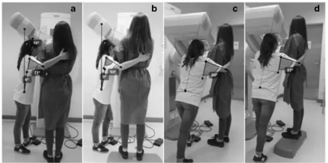 Fig. 4 MLO breast positioning: a and c radiographer postures without intervention; b and d alternative postures when the radiographer smaller than the patient