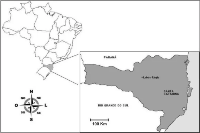 Figura 1: Localização da área de estudo no município de Lebon Régis, no Estado de Santa  Catarina, sul do Brasil