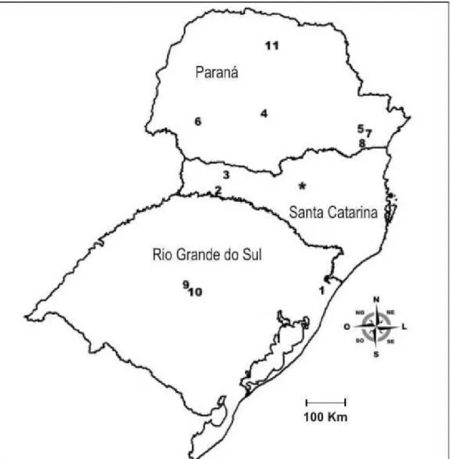 Figura  6:  Mapa  com  localização  da  área  de  estudo  (asterisco)  e  demais  localidades  inventariadas no sul do Brasil