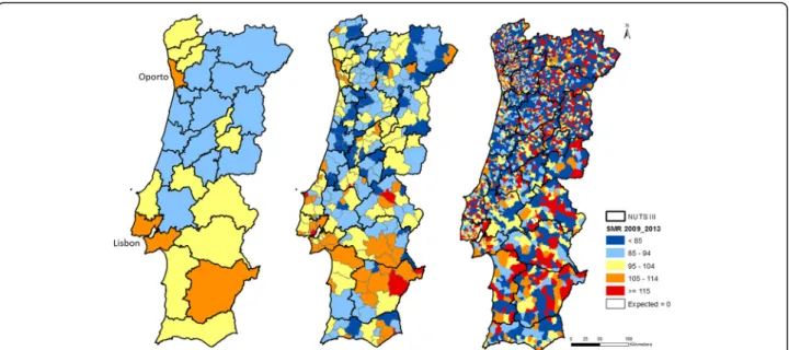 Fig. 2 SMR by malignant neoplasm, standardized using indirect method by age group, in 2009 – 2013, by NUTS III (left map), municipalities (center map), and parishes (right map)