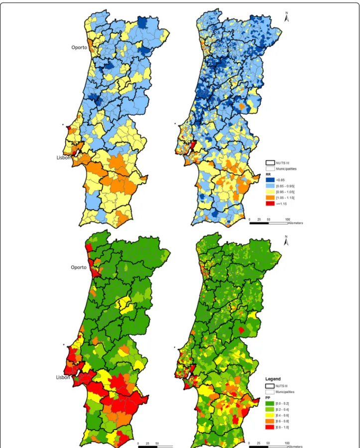 Fig. 7 Relative risk (RR) of death by malignant neoplasm, standardized by age group, in 2009 – 2013, by municipalities (top left) and parishes (top right)