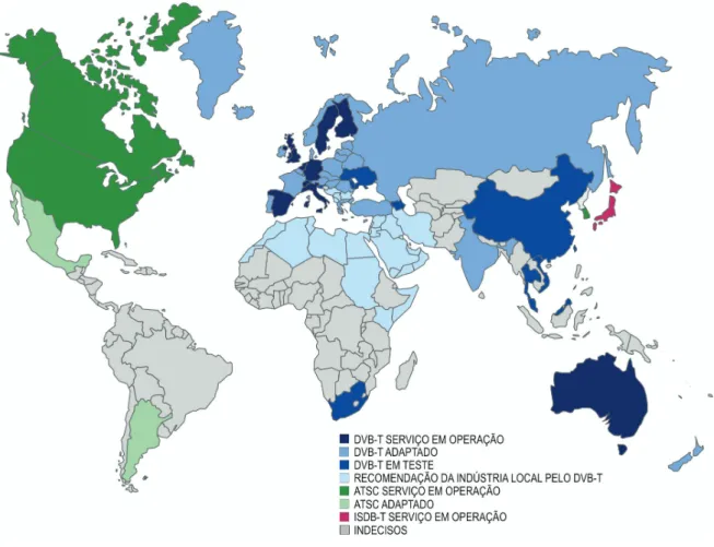 Figura 31 - Países que já implantaram ou já decidiram o modelo de implantação da Televisão Digital  Terrestre no Mundo  