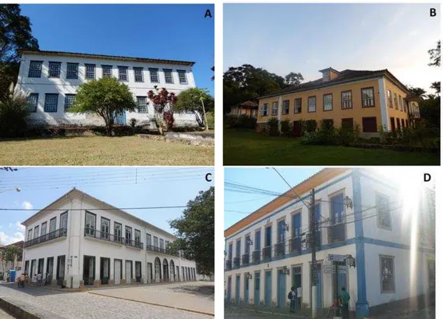 Figura 2. Paisagens urbanas e rurais no Vale Histórico Paulista. Fazenda Catadupa, São José do  Barreiro (A); Fazenda Resgate, Bananal (B); Solar Aguiar Valim, Bananal (C); Solar, São José  do Barreiro (D)