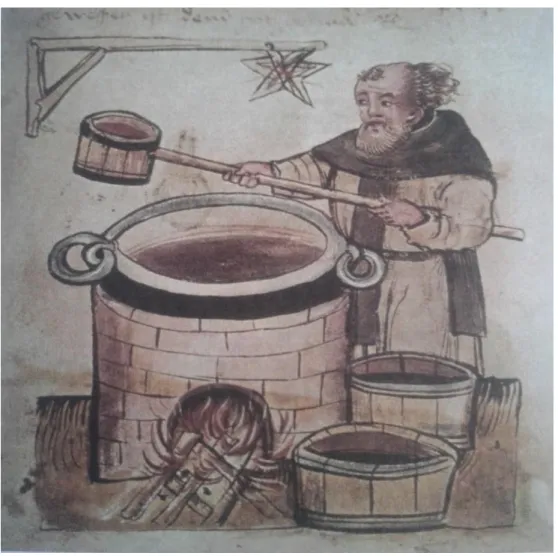 Figura 8 - Monge medieval fazendo cerveja. Nota-se no alto a estrela de seis  pontas, símbolo atribuído à atividade cervejeira na idade Média