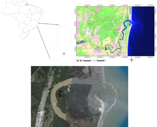 Figura 8 – Localização e imagem do manguezal de Conceição da Barra (São Mateus – ES), na  desembocadura do rio São Mateus (imagem LANDSAT 5, 11/04/2006 - figura superior à  direita)