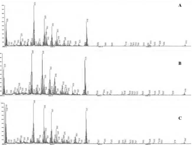 Figura 11. Espectros de dados MALDI-MS das células do folículo. Em (A) Não-Clivados, (B) Clivados e  (C) Blastocistos