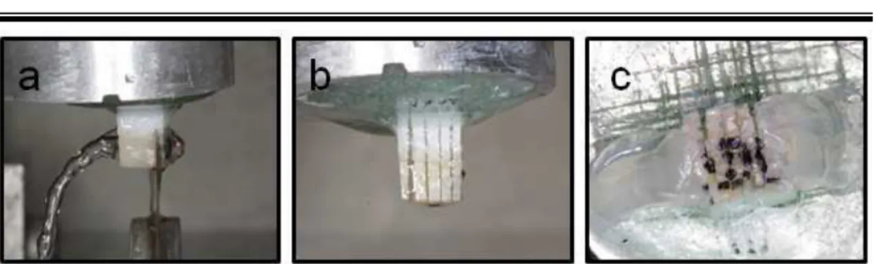 Figura 3 – a) corte com disco diamantado sob refrigeração, b) fatias na espessura de 1 mm em um  sentido,  c) cortes nos dois sentidos já realizados