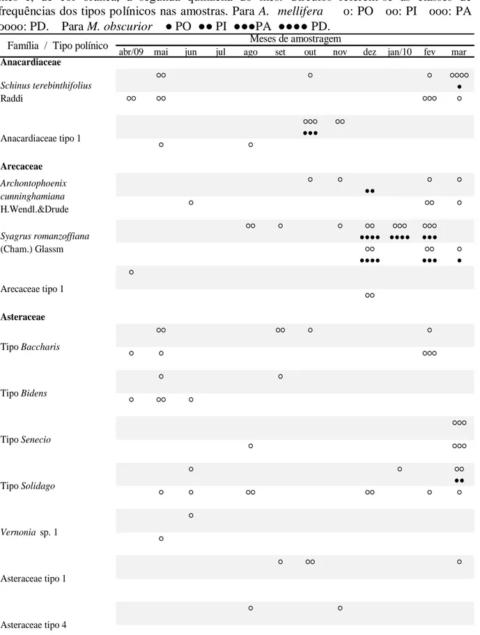 Tabela 4 Ocorrência dos tipos polínicos nas amostras coletadas por Apis mellifera e Melipona  obscurior, de abril/09  a  março/10, em Rolante, RS, Brasil