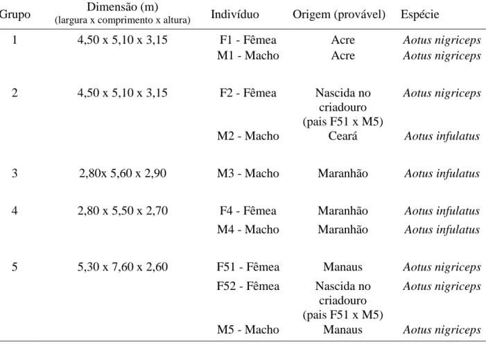 Tabela 1: Dimensões dos recintos e composição dos grupos de estudo. 