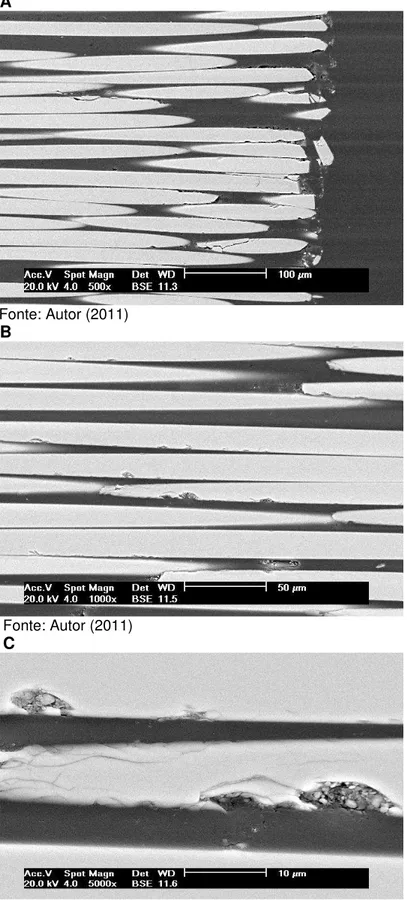 Figura 9  – MEV dos pinos de fibra de vidro do grupo 2 nos terços: cervical(A),  médio(B) e apical(C)