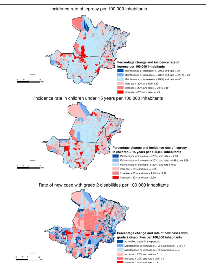 Fig. 2 Maps of the percentage change in the epidemiological indicators of leprosy, periods 2001 – 2003 and 2010 – 2012