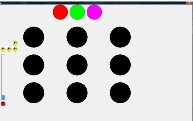 Figura  3. Painel de respostas constituído  pelos  9 círculos  nas posições esquerda,  centro  e  direita,  em  três  conjuntos  definidos  pelas  três  linhas